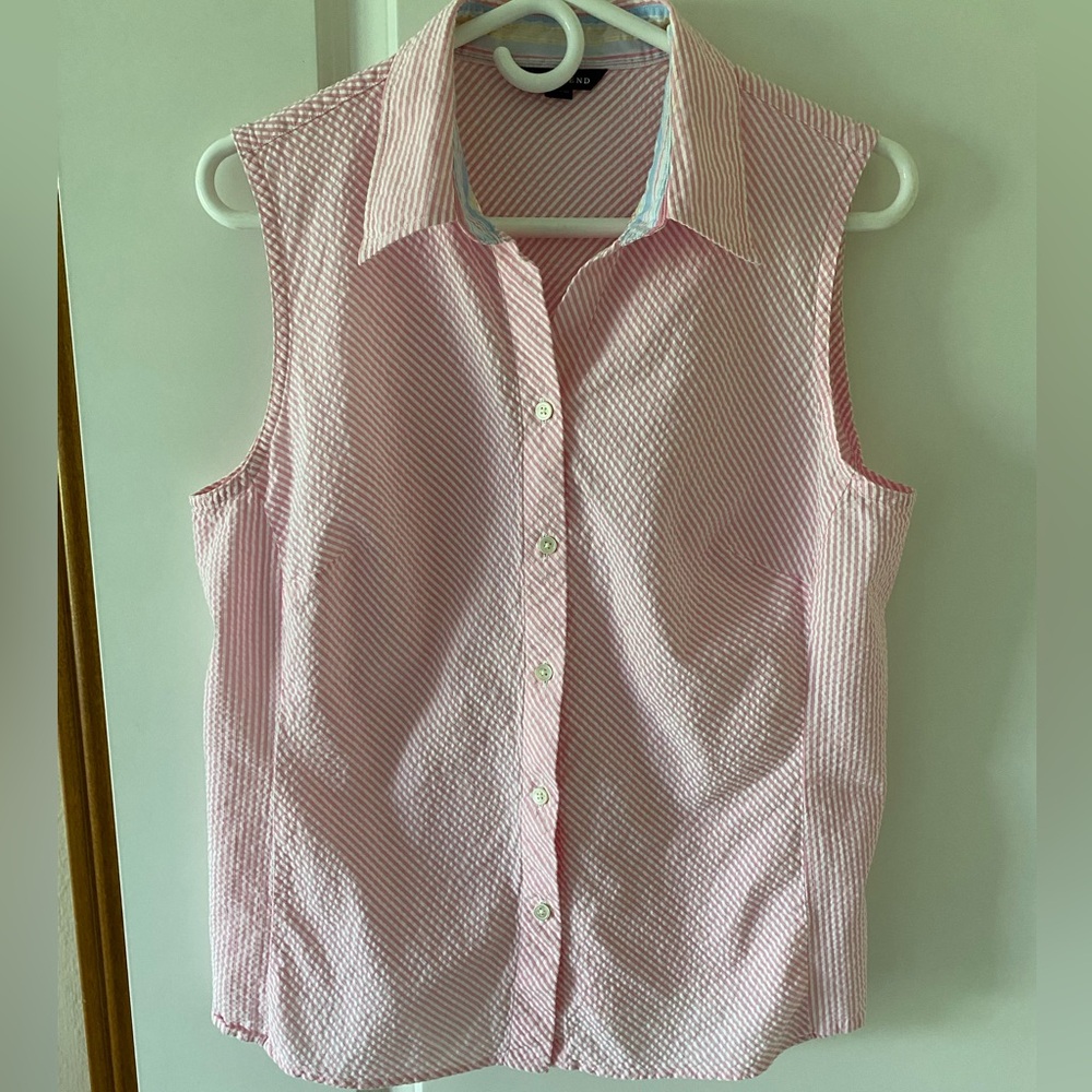 Women’s Lands End Sleeveless Pink/White Seersucker Collared Shirt Size 12